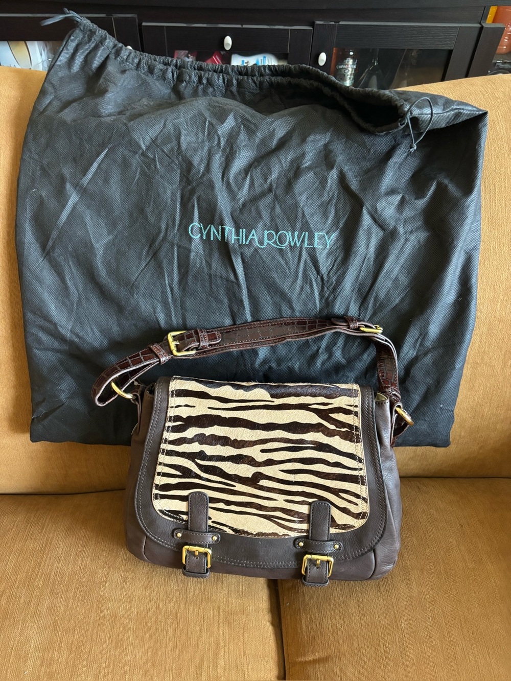 Cynthia Rowley Brown Leather Messenger Bag with Zebra Flap
